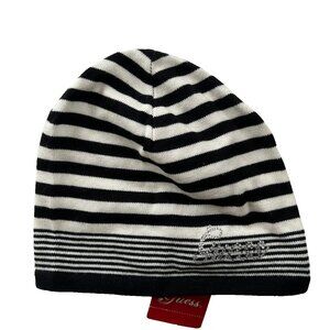 GUESS Women's Black & White STRIPE Cotton Logo Beanie skull cap One Size NWT